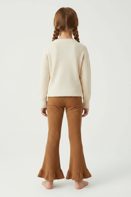 Pantalon Marron Côtelé Évasé Volants Fille - Maille - vue 2
