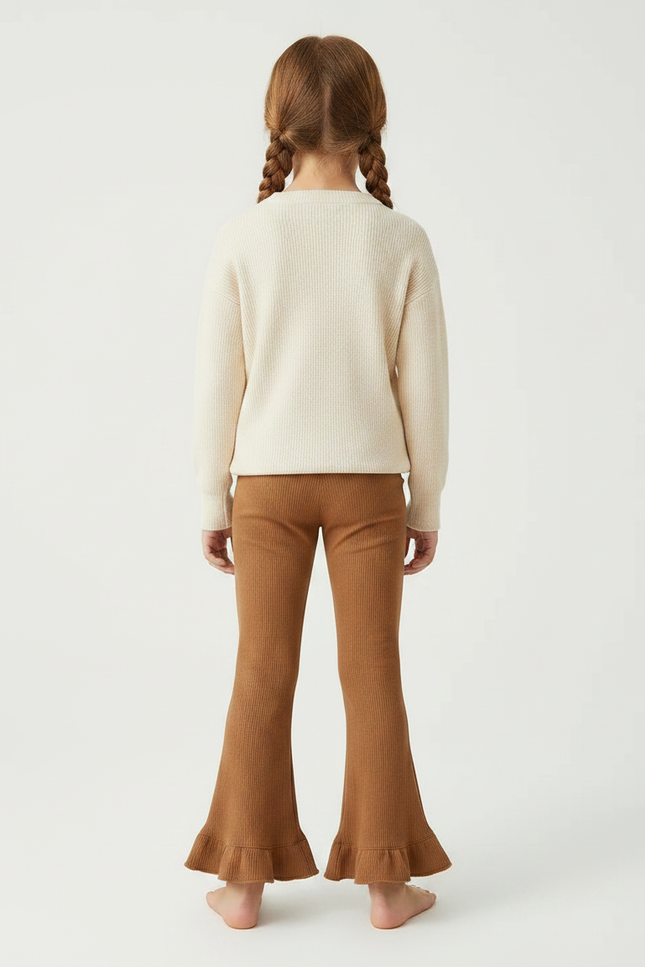 Pantalon Marron Côtelé Évasé Volants Fille - Maille - vue 2
