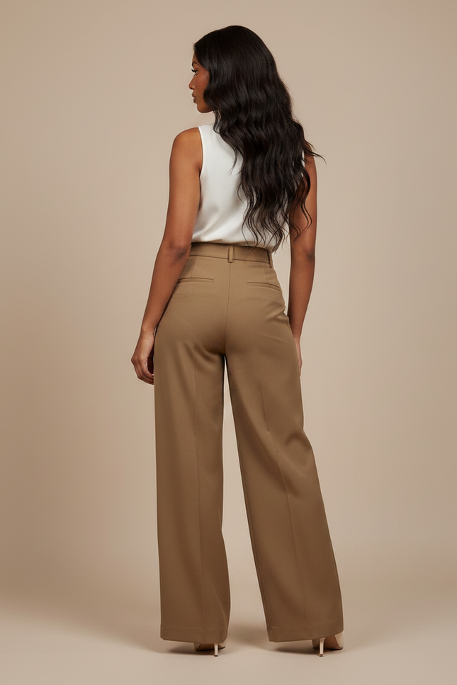 Pantalon Marron Ample Taille Haute Élégant Femme - Gabardine - vue 2
