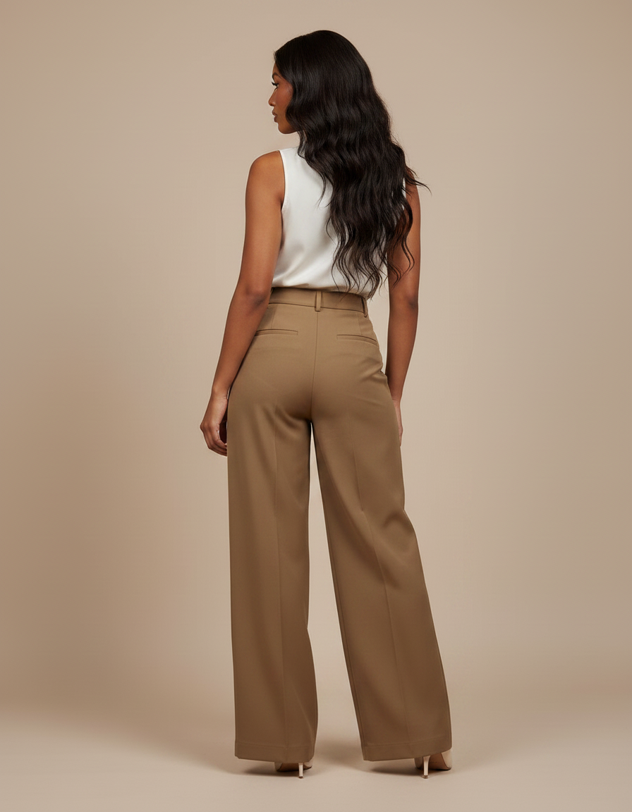 Pantalon Marron Ample Taille Haute Élégant Femme - Gabardine - vue 2
