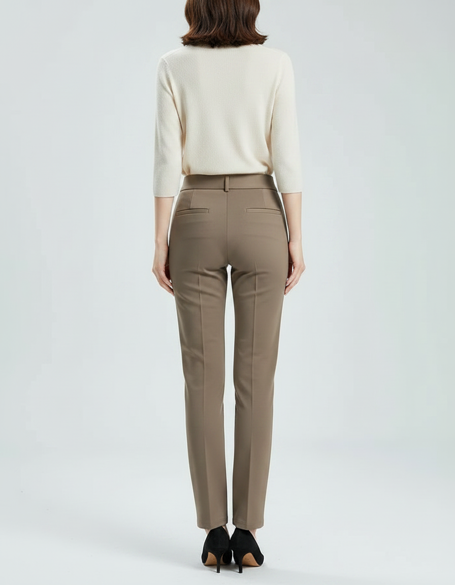Pantalon Marron Taille Haute Slim Élégant Femme - Gabardine - vue 2