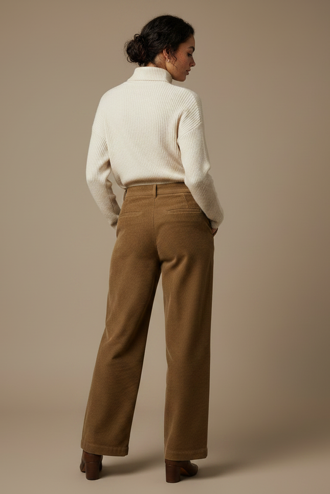Pantalon Marron Côtelé Droit Ample Plissé Taille Haute Femme - Cordé - vue 2