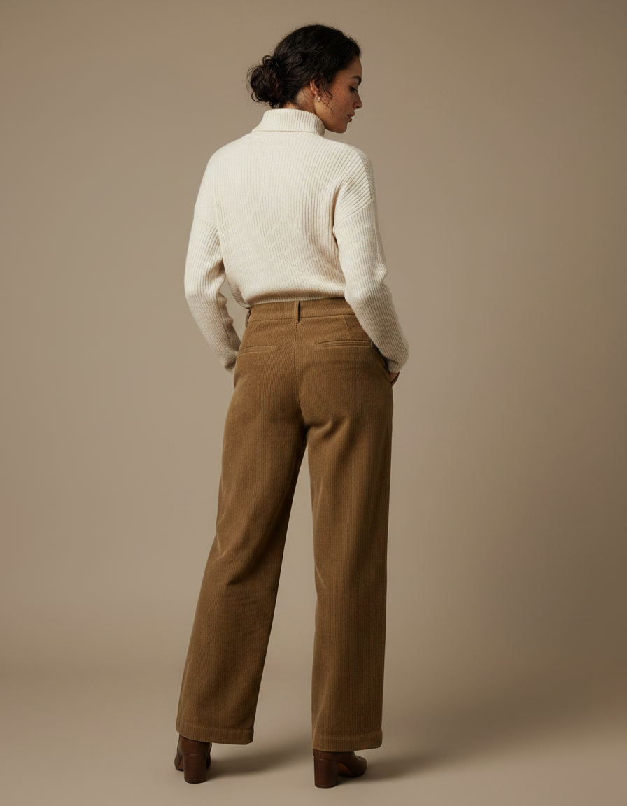 Pantalon Marron Côtelé Droit Ample Plissé Taille Haute Femme - Cordé - vue 2