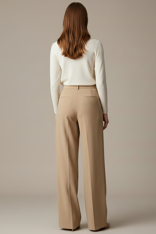 Pantalon Marron Ample Taille Haute Plissé Fluide - Beige Polyester - vue 2