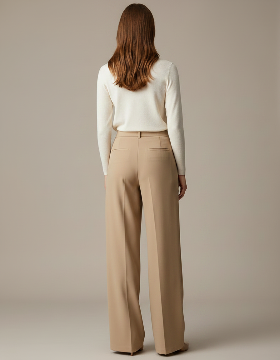 Pantalon Marron Ample Taille Haute Plissé Fluide - Beige Polyester - vue 2