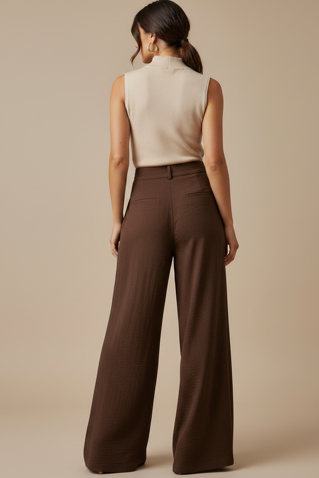 Pantalon Marron Ample Fluide Boutons Latéraux Chic - Viscose - vue 2