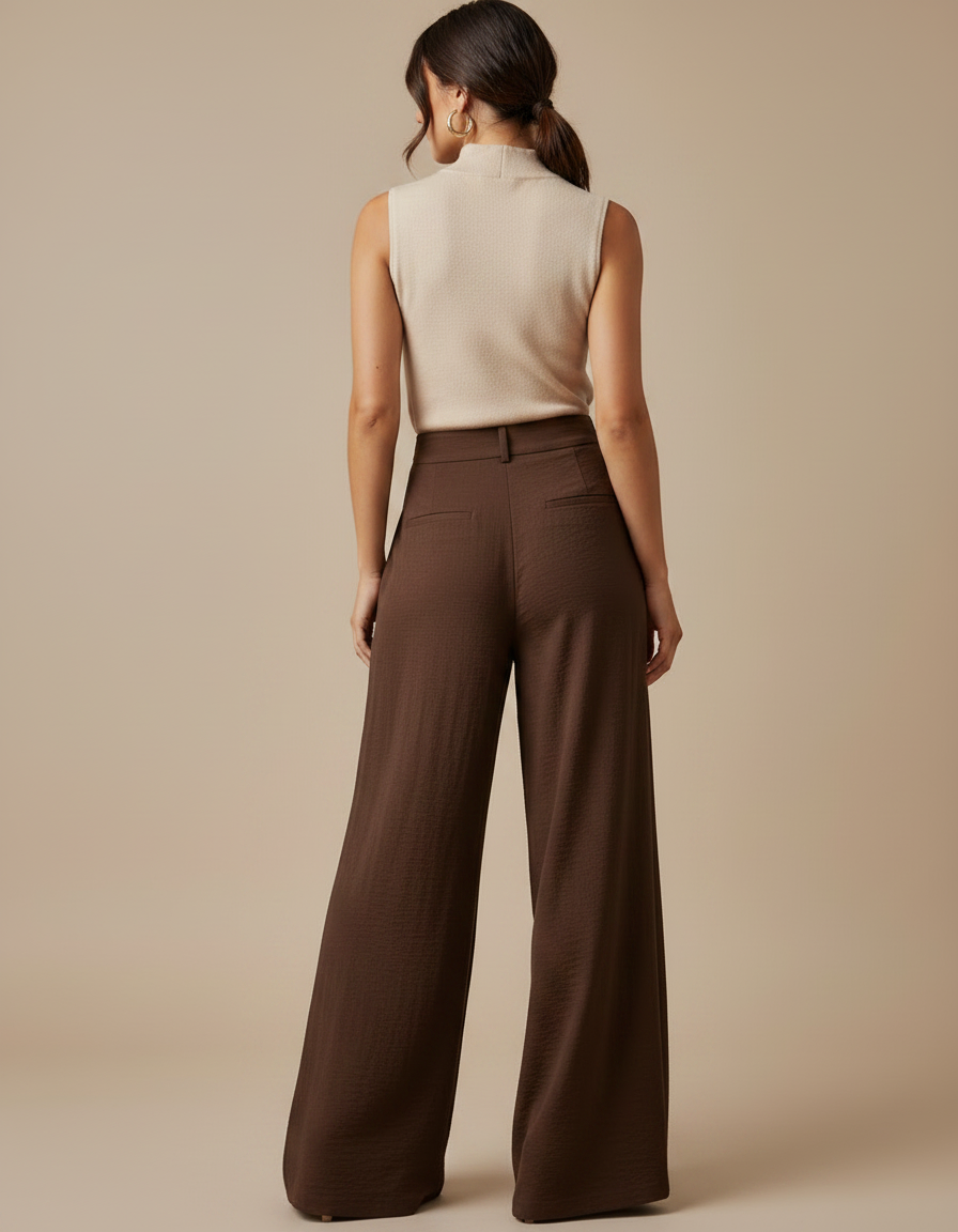 Pantalon Marron Ample Fluide Boutons Latéraux Chic - Viscose - vue 2