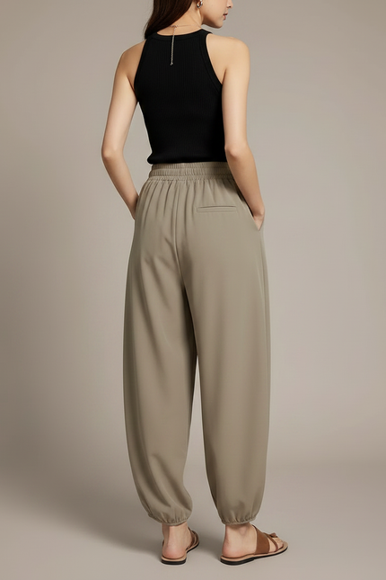Pantalon Marron Fluide Ample Taille Haute Confortable - Kaki Polyester - vue 2