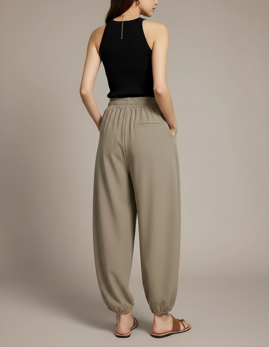 Pantalon Marron Fluide Ample Taille Haute Confortable - Kaki Polyester - vue 2