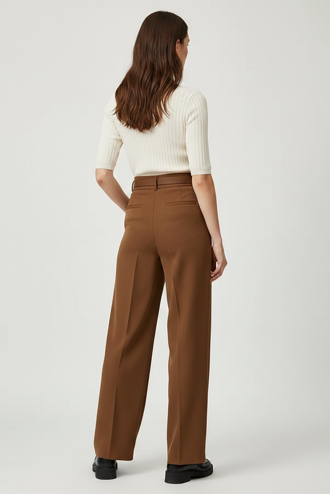 Pantalon Marron Fluide Taille Haute Plissé Décontracté - Polyester - vue 2