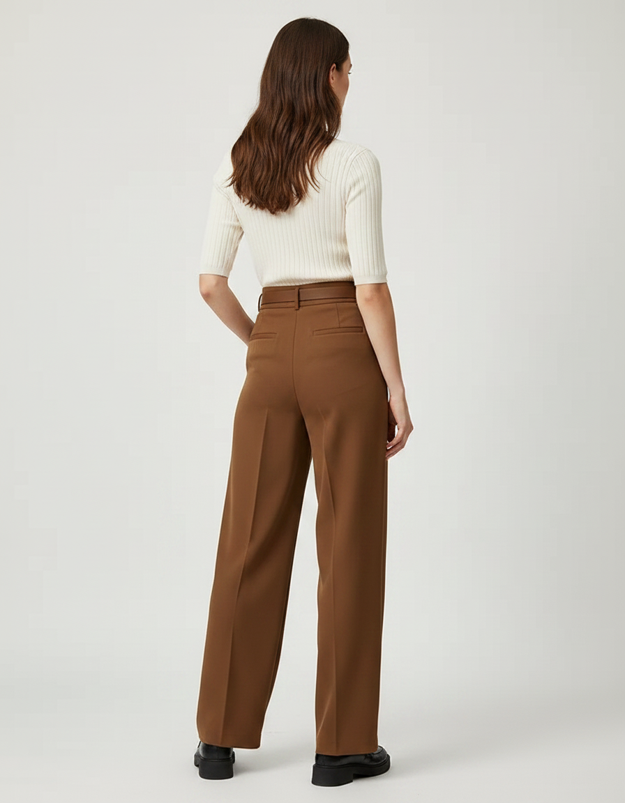 Pantalon Marron Fluide Taille Haute Plissé Décontracté - Polyester - vue 2