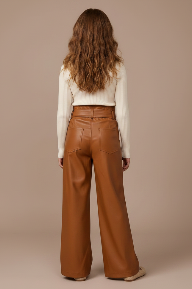 Pantalon Marron Similicuir Large Ceinturé Fille - Simili cuir - vue 2