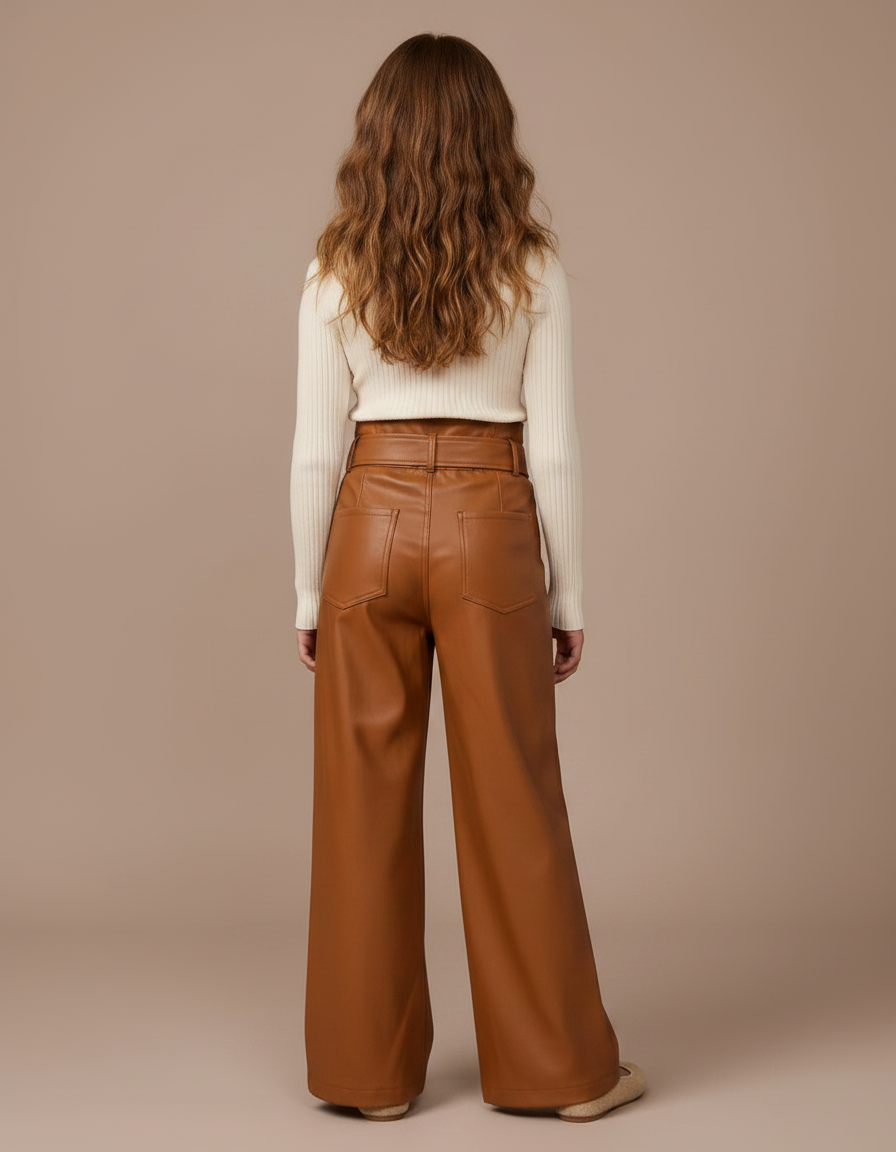 Pantalon Marron Similicuir Large Ceinturé Fille - Simili cuir - vue 2