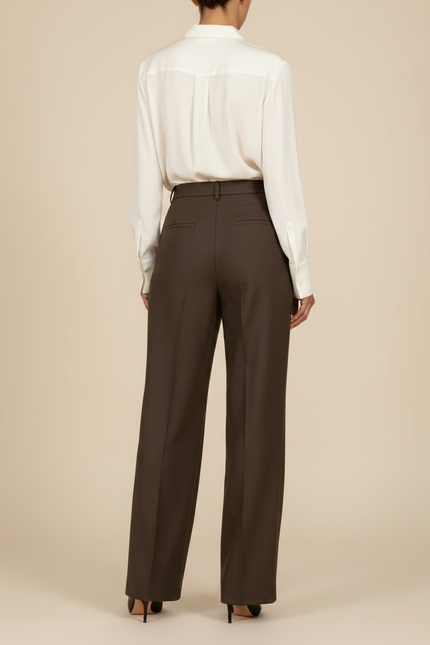 Pantalon Marron Laine Plissé Taille Haute Droit Élégant - vue 2