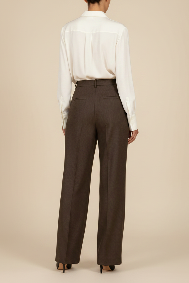 Pantalon Marron Laine Plissé Taille Haute Droit Élégant - vue 2