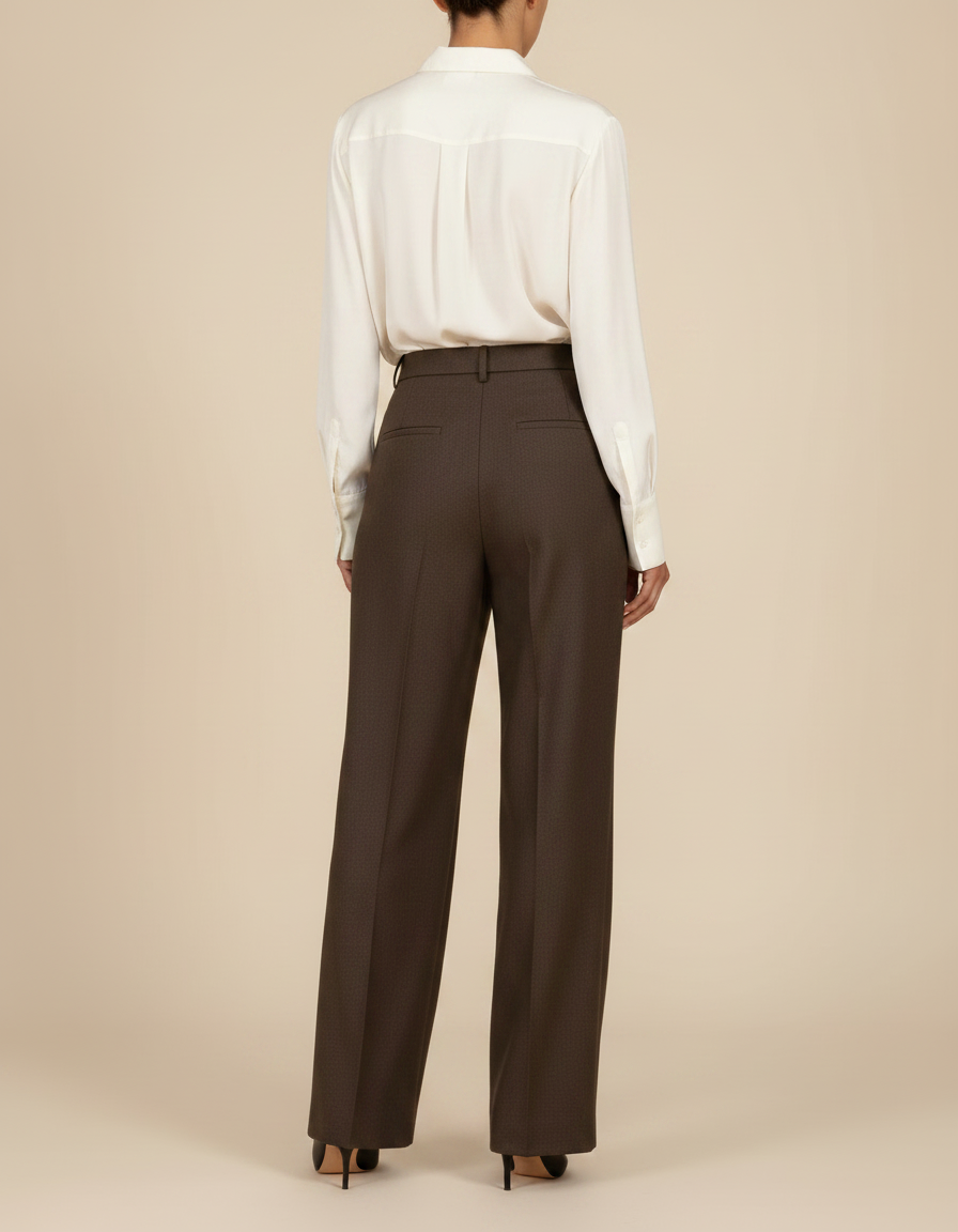 Pantalon Marron Laine Plissé Taille Haute Droit Élégant - vue 2