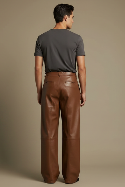 Pantalon Marron Cuir Ample Homme Décontracté - vue 2