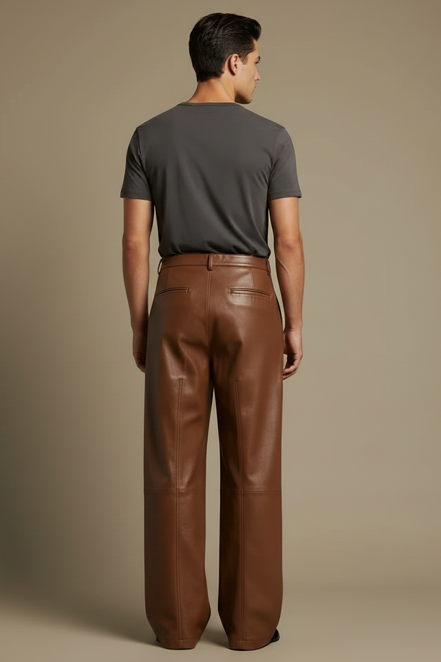 Pantalon Marron Cuir Ample Homme Décontracté - vue 2
