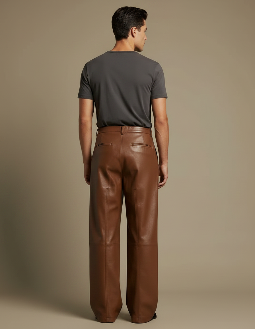 Pantalon Marron Cuir Ample Homme Décontracté - vue 2