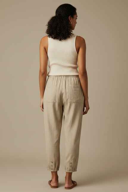 Pantalon Marron Lin Ample Décontracté Femme Cordon - Beige - vue 2