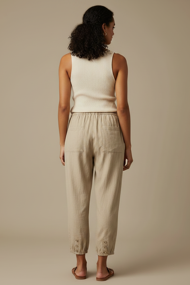 Pantalon Marron Lin Ample Décontracté Femme Cordon - Beige - vue 2