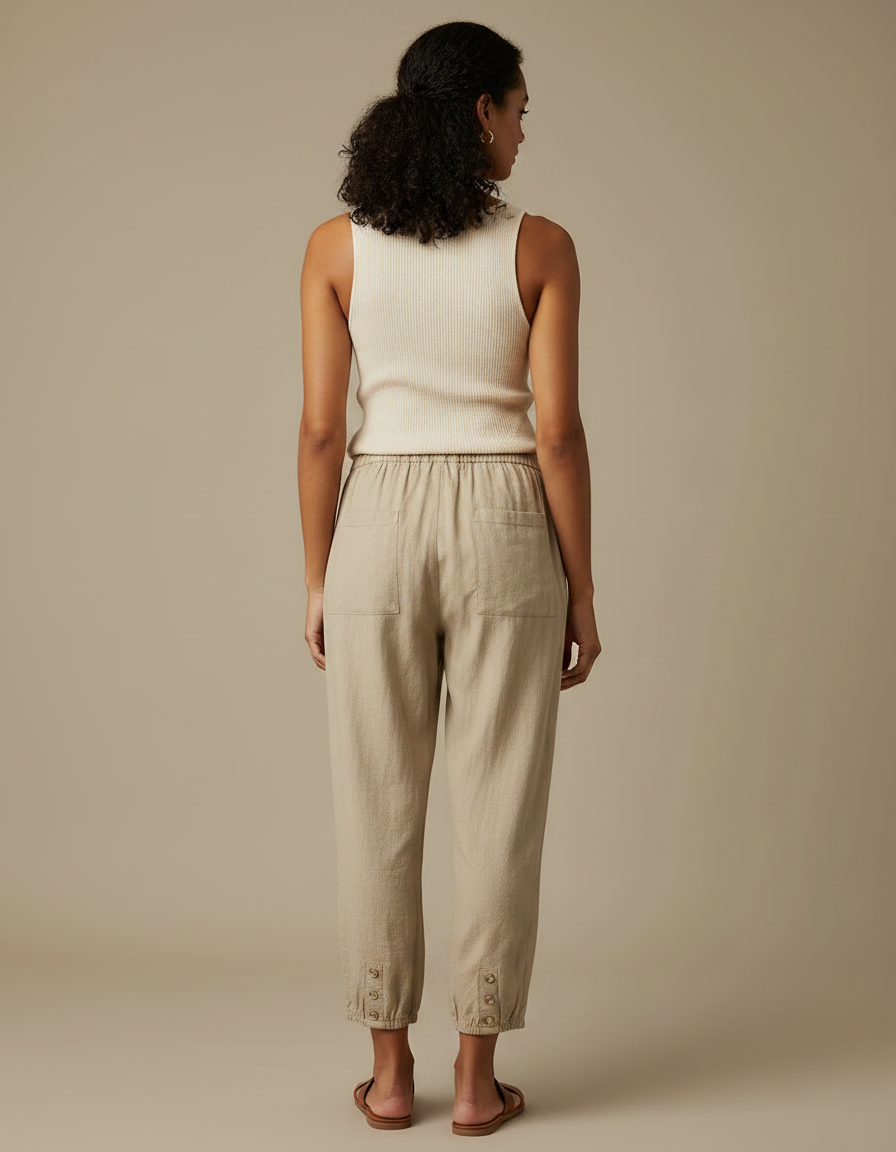 Pantalon Marron Lin Ample Décontracté Femme Cordon - Beige - vue 2