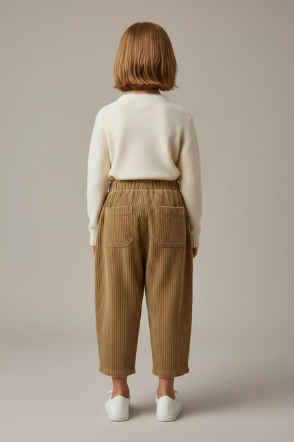 Pantalon Marron Velours Côtelé Ample Enfant Plissé - Camel Cordé - vue 2