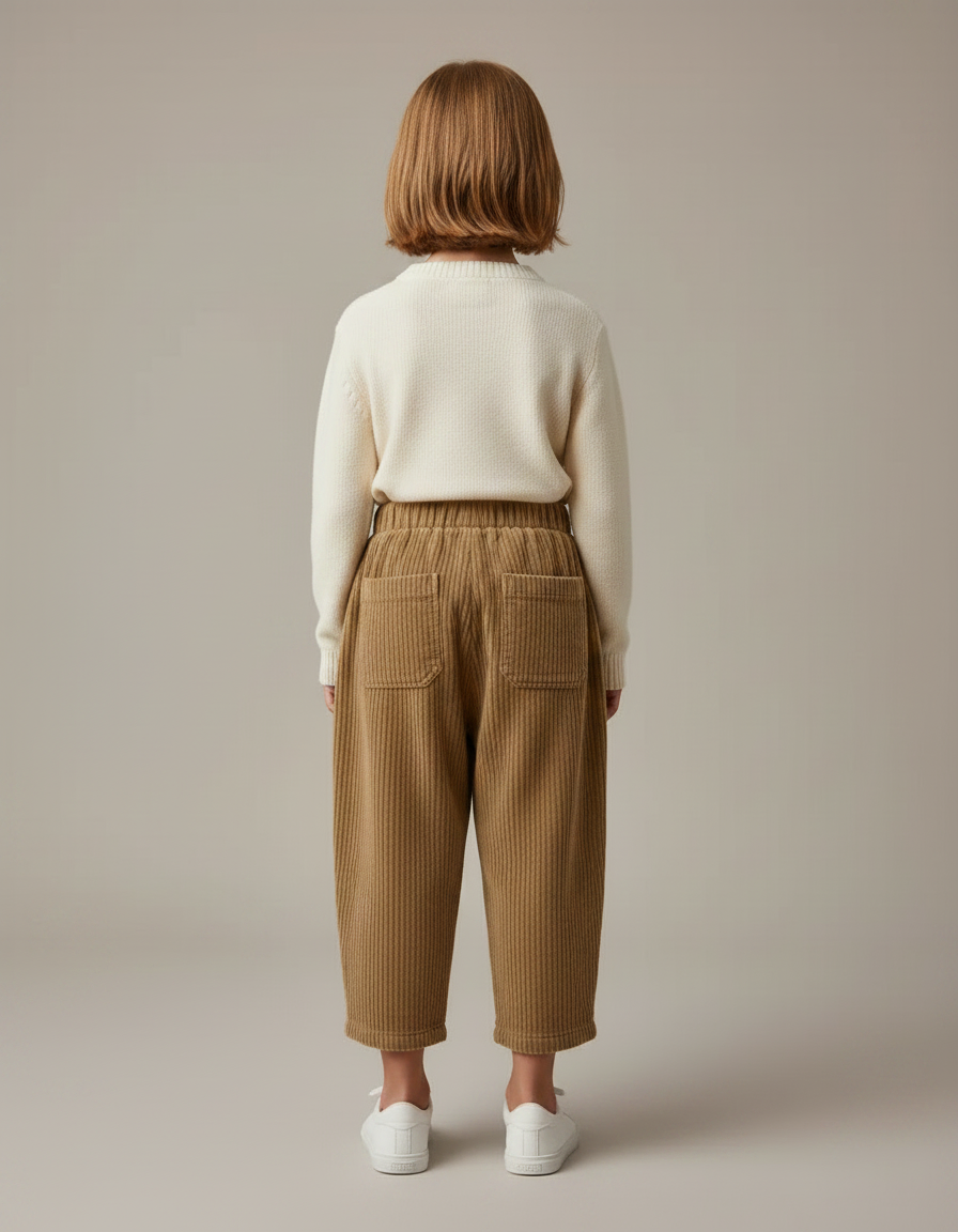 Pantalon Marron Velours Côtelé Ample Enfant Plissé - Camel Cordé - vue 2