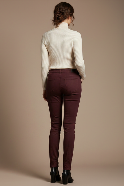Pantalon Marron Slim, Taille Moyenne, Élégant, Femme - Bordeaux Gabardine - vue 2