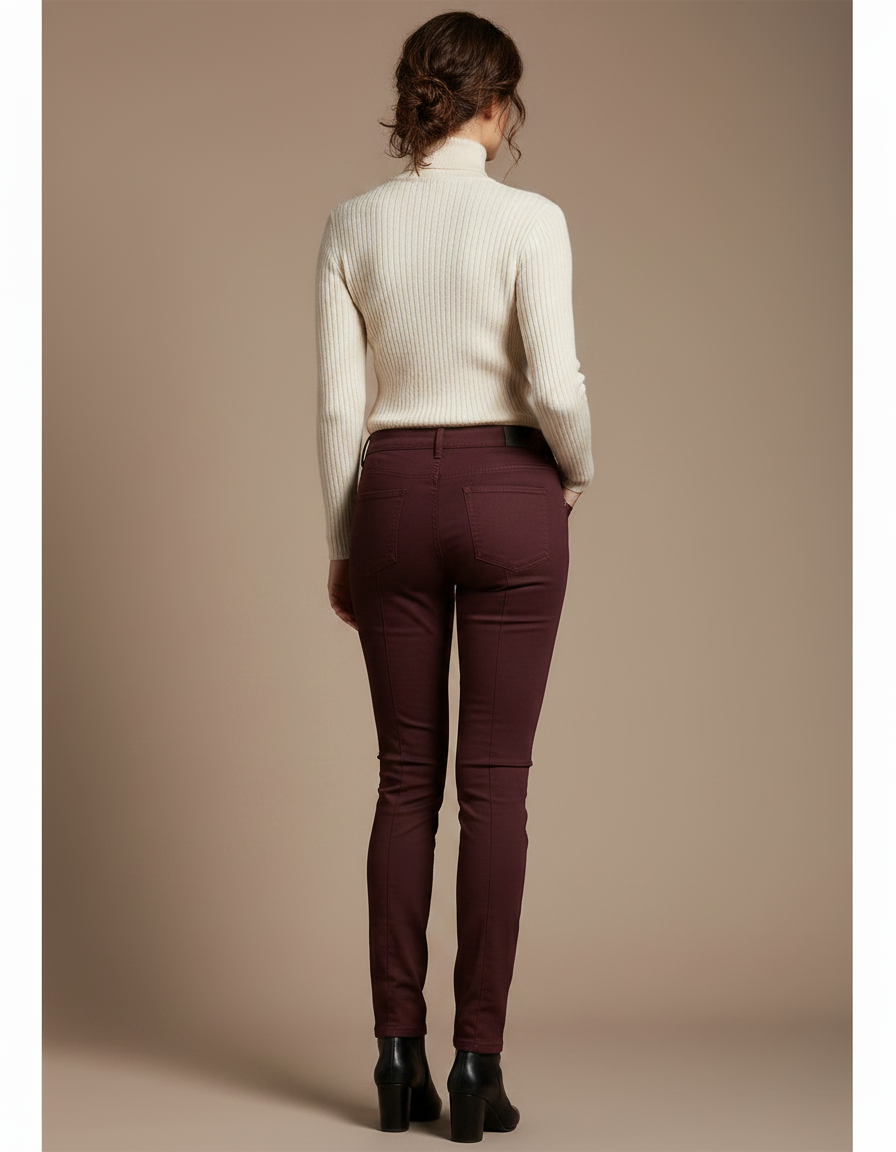Pantalon Marron Slim, Taille Moyenne, Élégant, Femme - Bordeaux Gabardine - vue 2