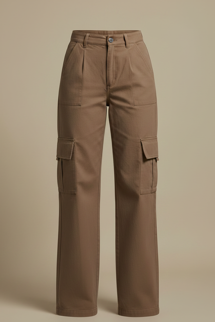 Pantalon Marron Cargo Ample Taille Haute Poches - Toile - vue 3