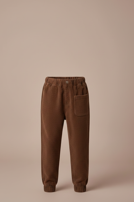 Pantalon Marron Côtelé Ample Élastique Enfant Décontracté - Cordé - vue 3