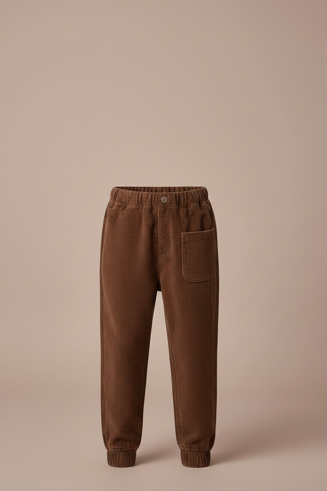 Pantalon Marron Côtelé Ample Élastique Enfant Décontracté - Cordé - vue 3