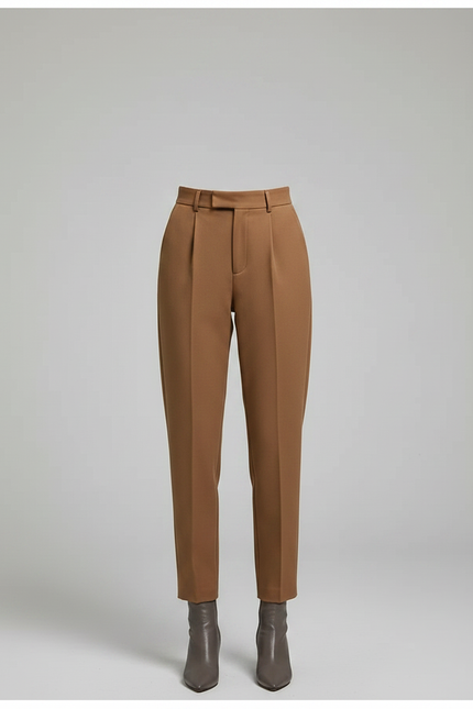 Pantalon Marron Plissé Taille Haute Droit Élégant - Gabardine - vue 3