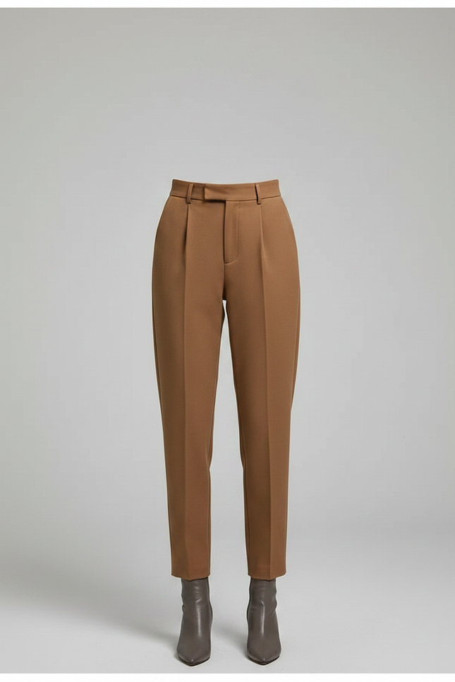 Pantalon Marron Plissé Taille Haute Droit Élégant - Gabardine - vue 3
