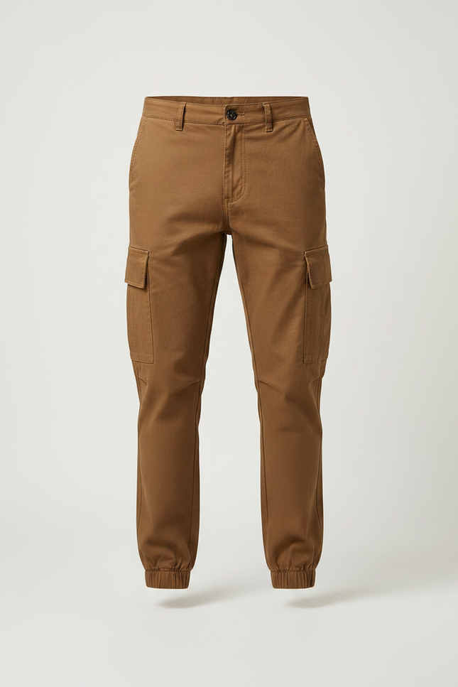 Pantalon Marron Cargo Jogger Coton Multipoches Homme - vue 3