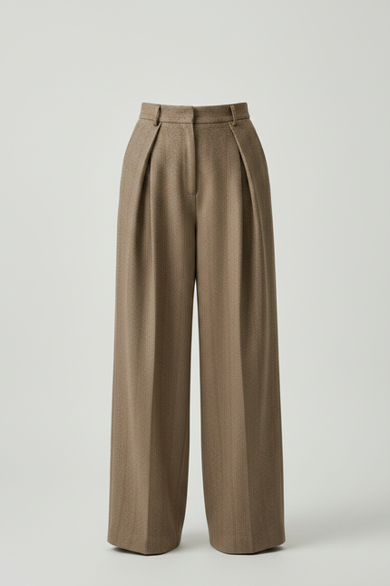 Pantalon Marron Plissé Ample Taille Haute Laine - vue 3