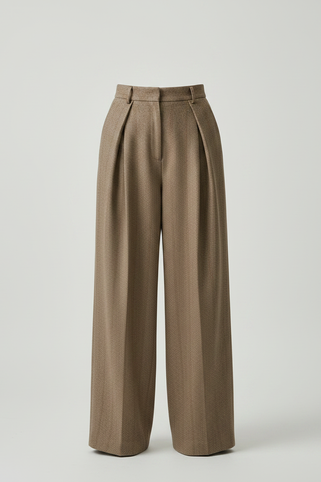 Pantalon Marron Plissé Ample Taille Haute Laine - vue 3