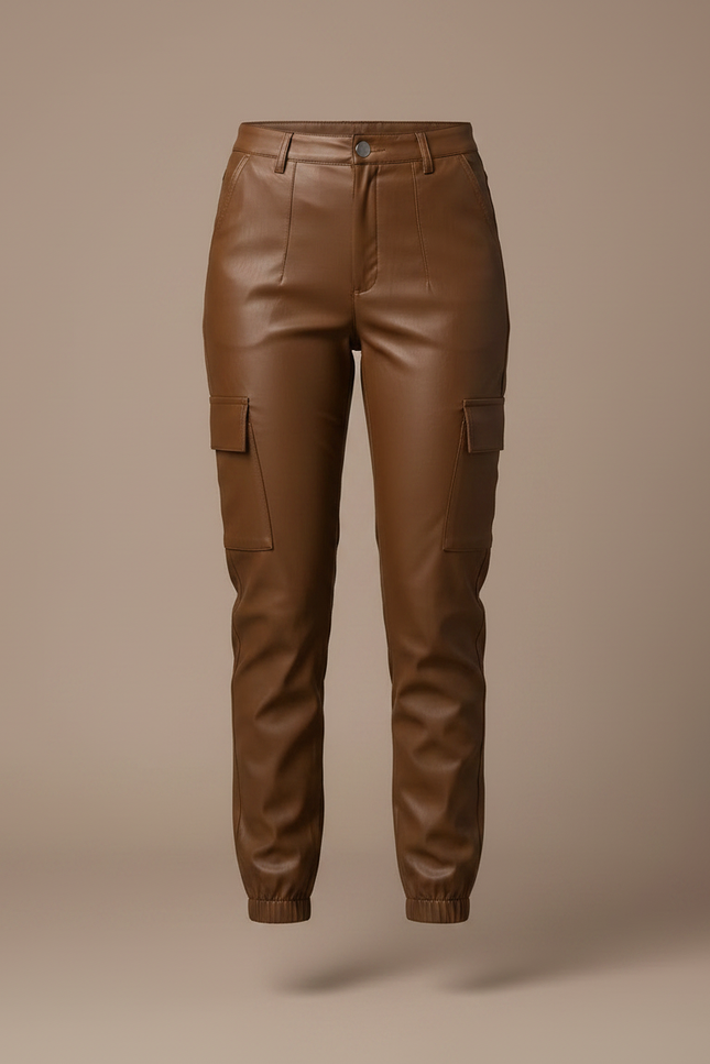 Pantalon Marron Similicuir Cargo Taille Haute Femme - Simili cuir - vue 3