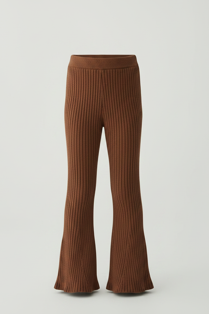 Pantalon Marron Côtelé Tricoté Évasé Fille Confortable - Maille - vue 3