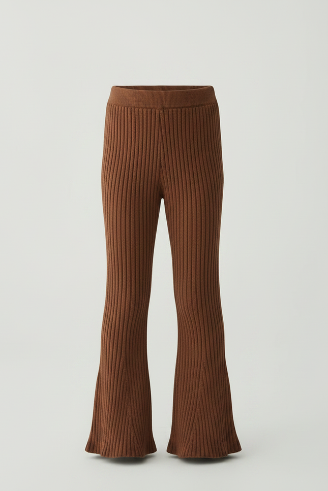 Pantalon Marron Côtelé Tricoté Évasé Fille Confortable - Maille - vue 3