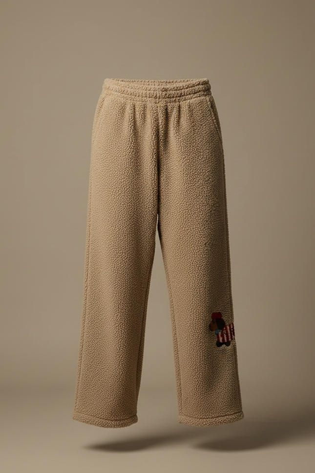 Pantalon Marron Polaire Ample Chien Brodé Confortable - Camel Molleton - vue 3