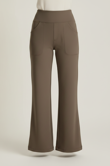 Pantalon Marron Évasé Taille Haute Poches Confortable Femme - Kaki Polyester - vue 3