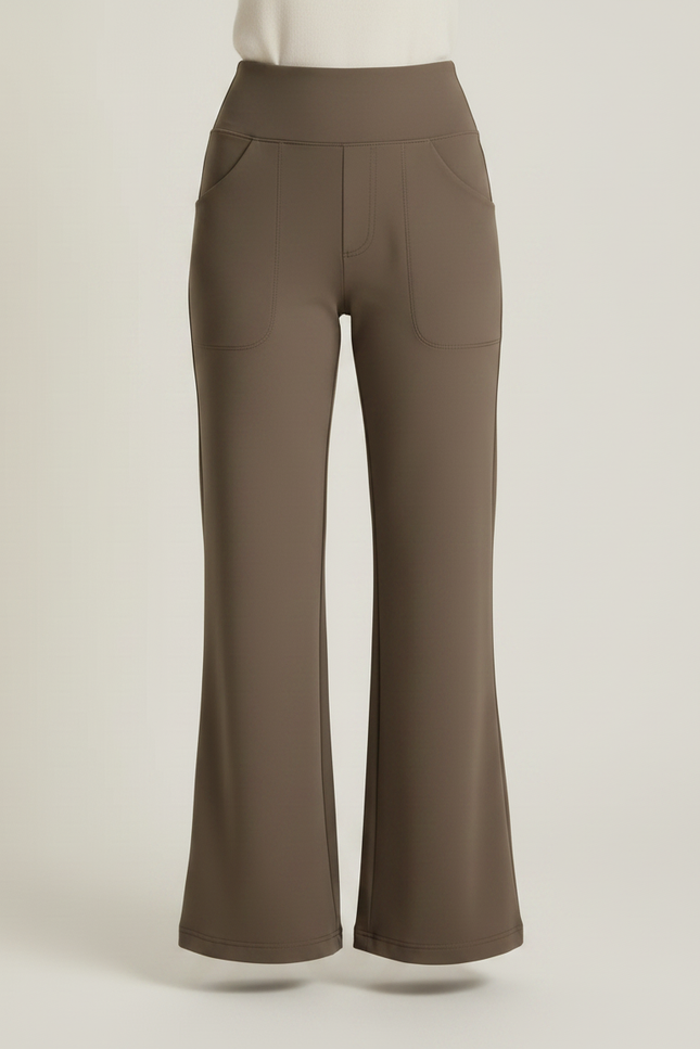 Pantalon Marron Évasé Taille Haute Poches Confortable Femme - Kaki Polyester - vue 3