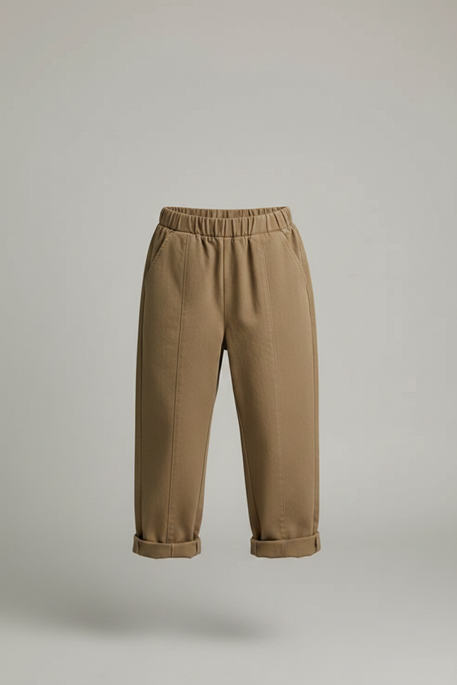 Pantalon Marron Coton Ample Élastique Enfant Plié Confortable - Kaki - vue 3