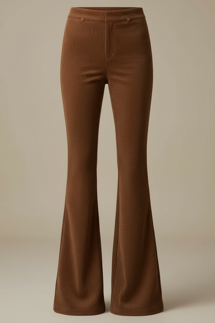 Pantalon Marron Côtelé Évasé Taille Haute Femme - Cordé - vue 3