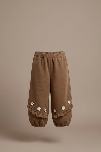 Pantalon Marron Côtelé Volants Fleuris Ample Fille - Cordé - vue 3