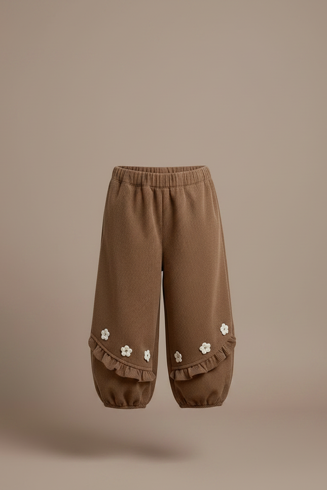 Pantalon Marron Côtelé Volants Fleuris Ample Fille - Cordé - vue 3