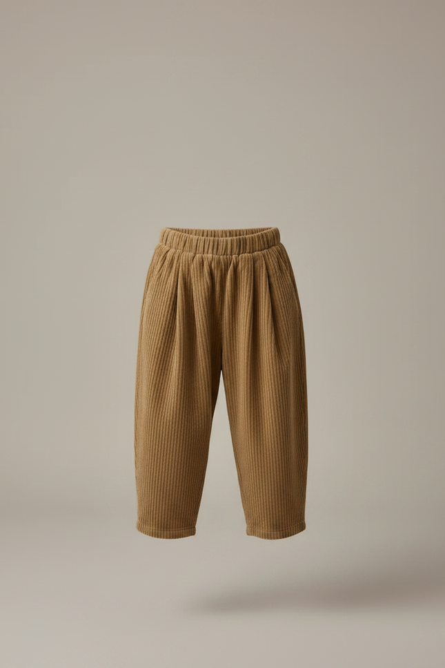Pantalon Marron Velours Côtelé Ample Enfant Plissé - Camel Cordé - vue 3