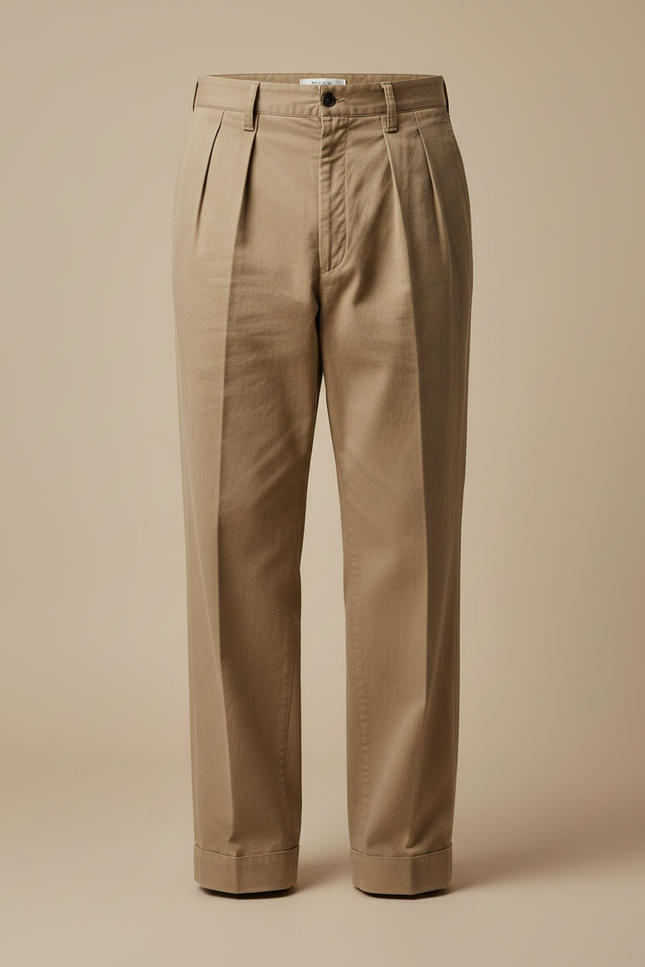 Pantalon Marron Plissé Coton Twill Ample Décontracté - vue 3